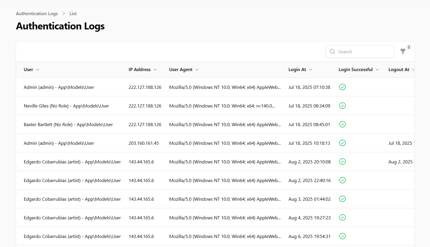 Authentication Logs List