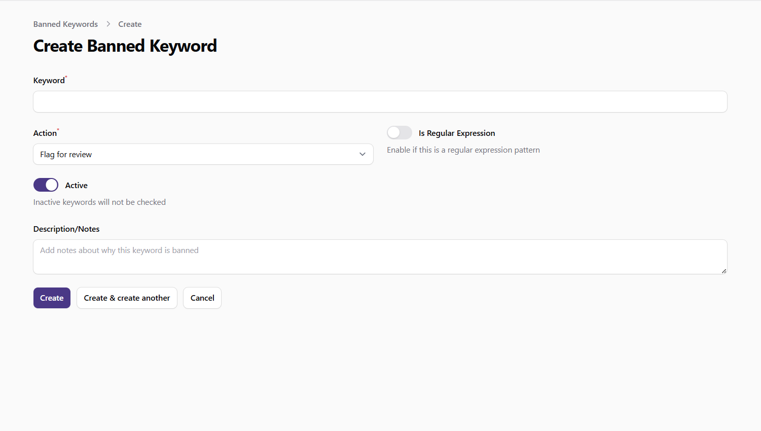 Create Banned Keyword